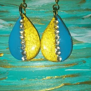 Teardrop earrings,Wood base hand painted. Resin coating,Swarovski Crystal stones